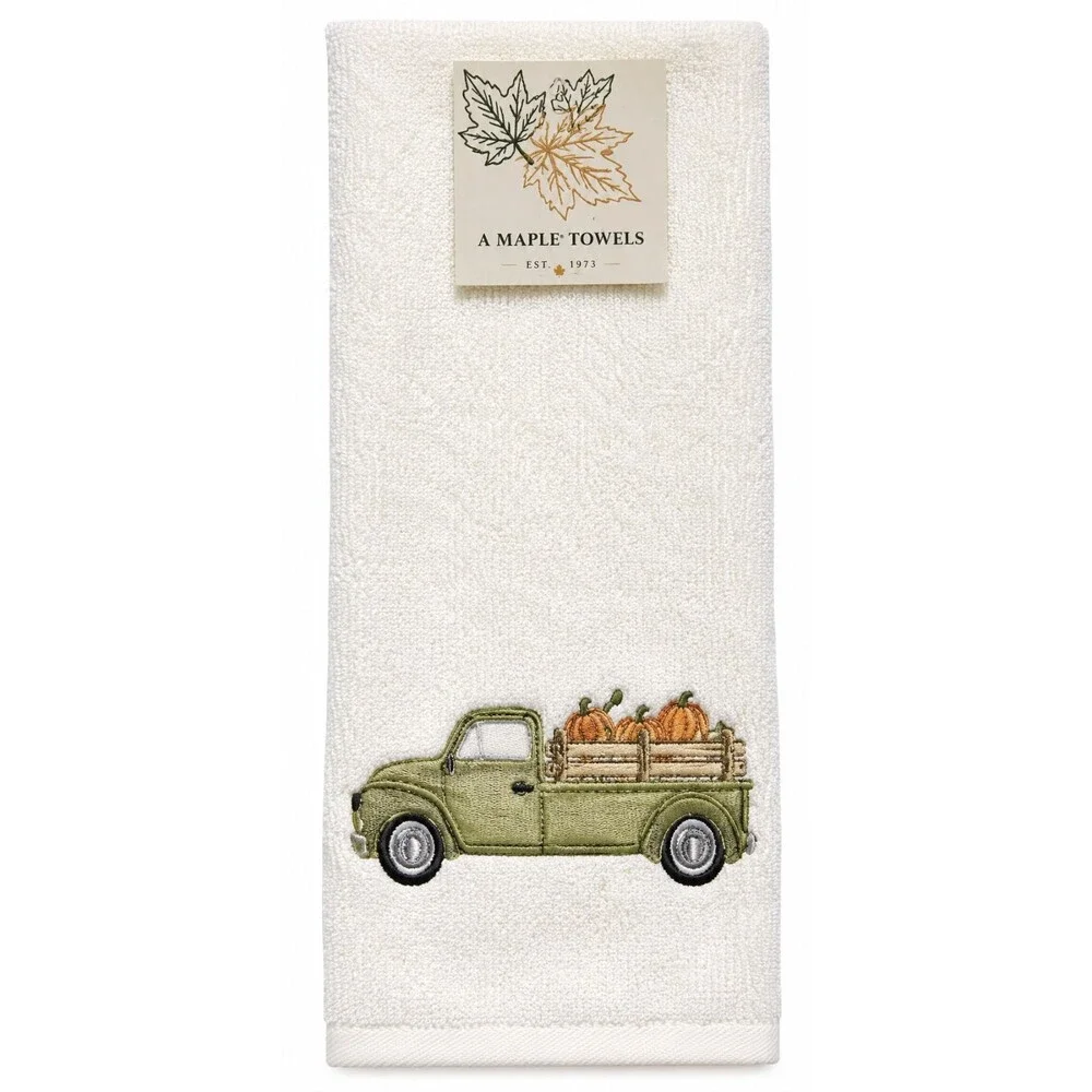 Thanksgiving Farm Truck White Hand Towels Set of 2 Embroidered Pumpkins